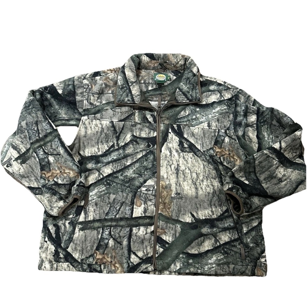 Vintage Cabela's 2XL Woodlands Camouflage Full Zip Fleece Jacket Hunting